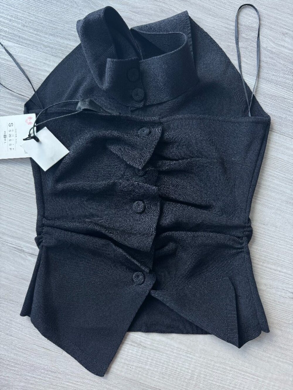 Zara Ruched Knit Halter Top V Neck Open Back Covered Buttons Black S NWT - Picture 12 of 14